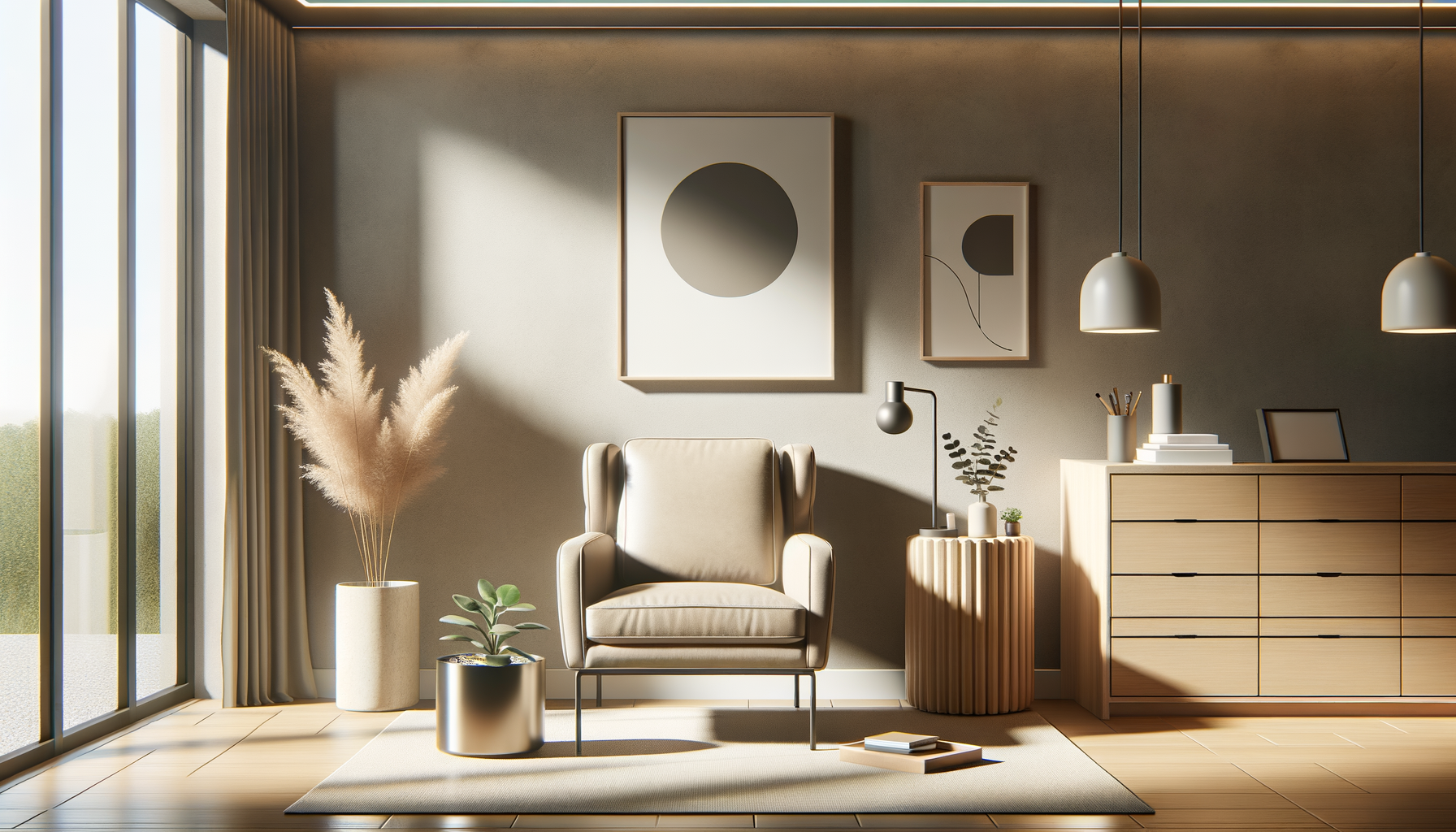 Modern living room with beige armchair, wooden side table with plant, large window with curtains, framed abstract art on wall, and wooden dresser with decorative items, illuminated by pendant lights.
