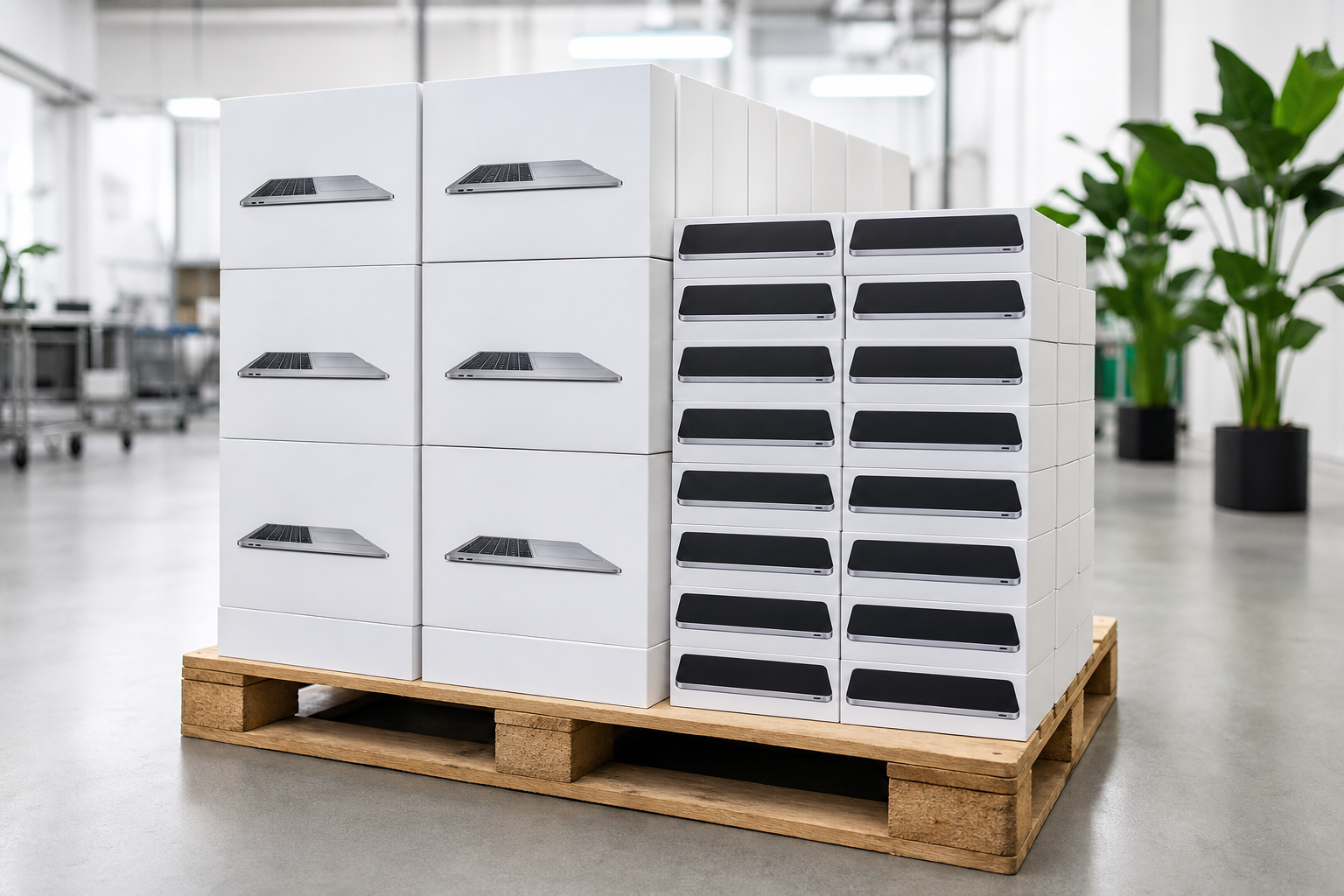 Pallet of boxed devices ready for responsible recycling