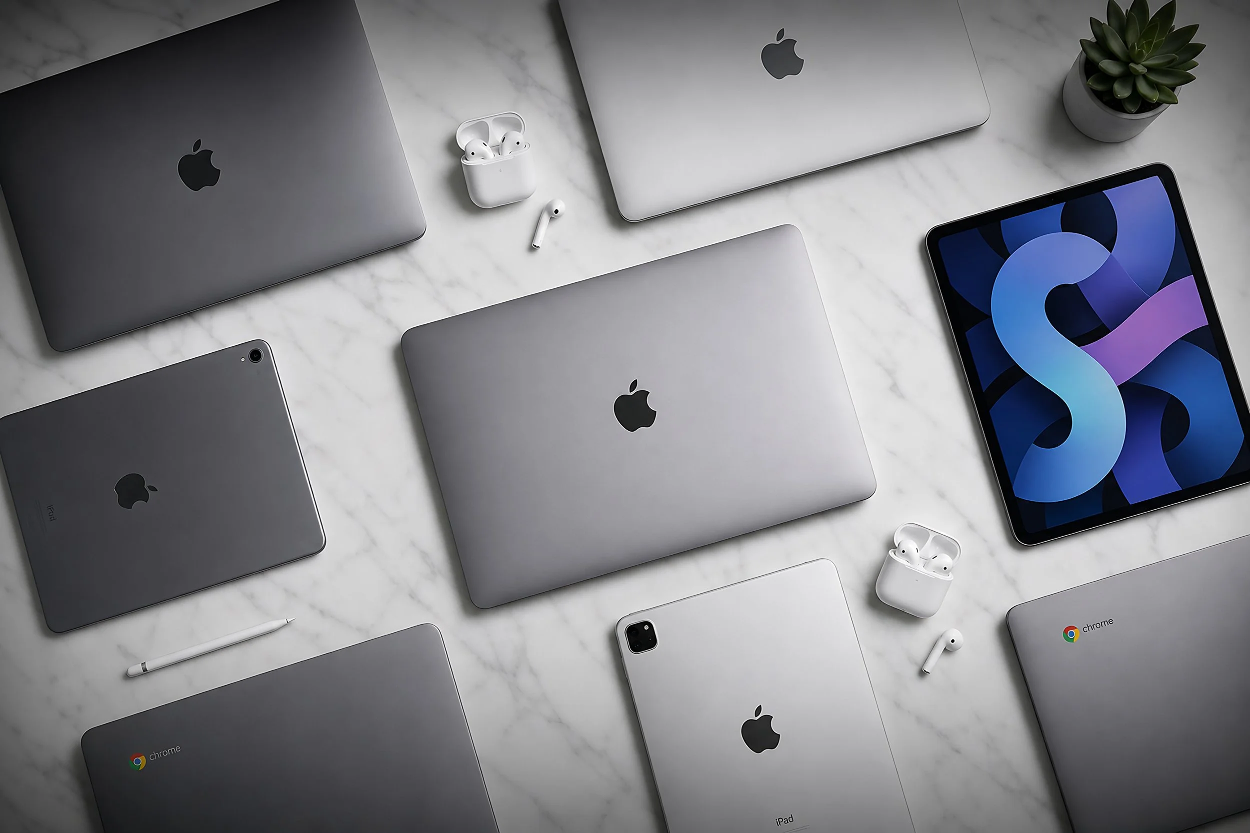 MacBooks, iPads and AirPods laid out on a marble table