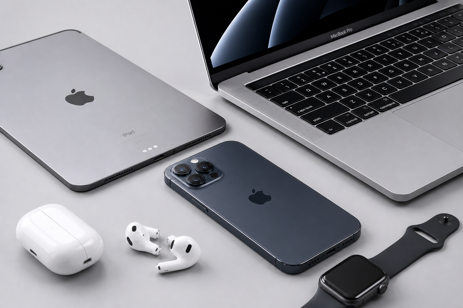 iPad, MacBook, iPhone, AirPods, and Apple Watch on a gray surface
