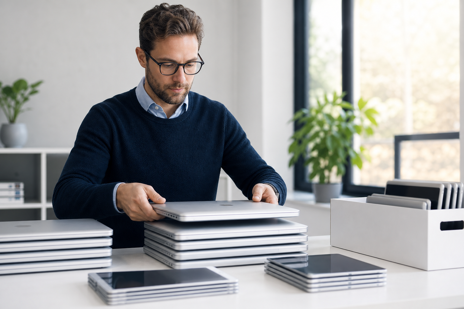 Technician inspecting a stack of retired MacBooks