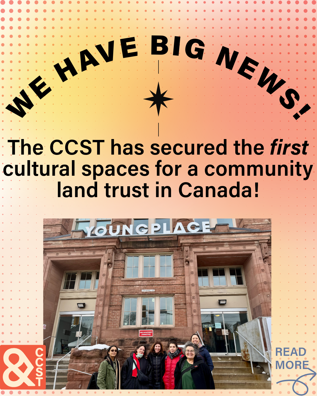 Group of six people standing in front of a historic red brick building with large windows and a sign that says 'YOUNGPLACE'