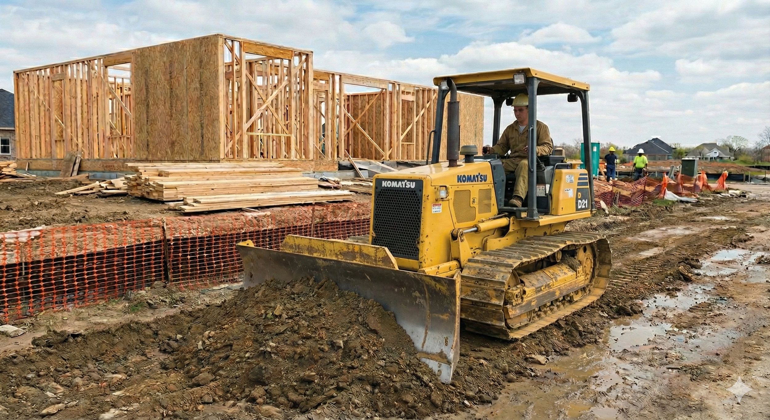 Construction site with a yellow bulldozer pushing dirt, wooden framework of a house being built in the background, and workers wearing safety vests and helmets in the distance under a partly cloudy sky.