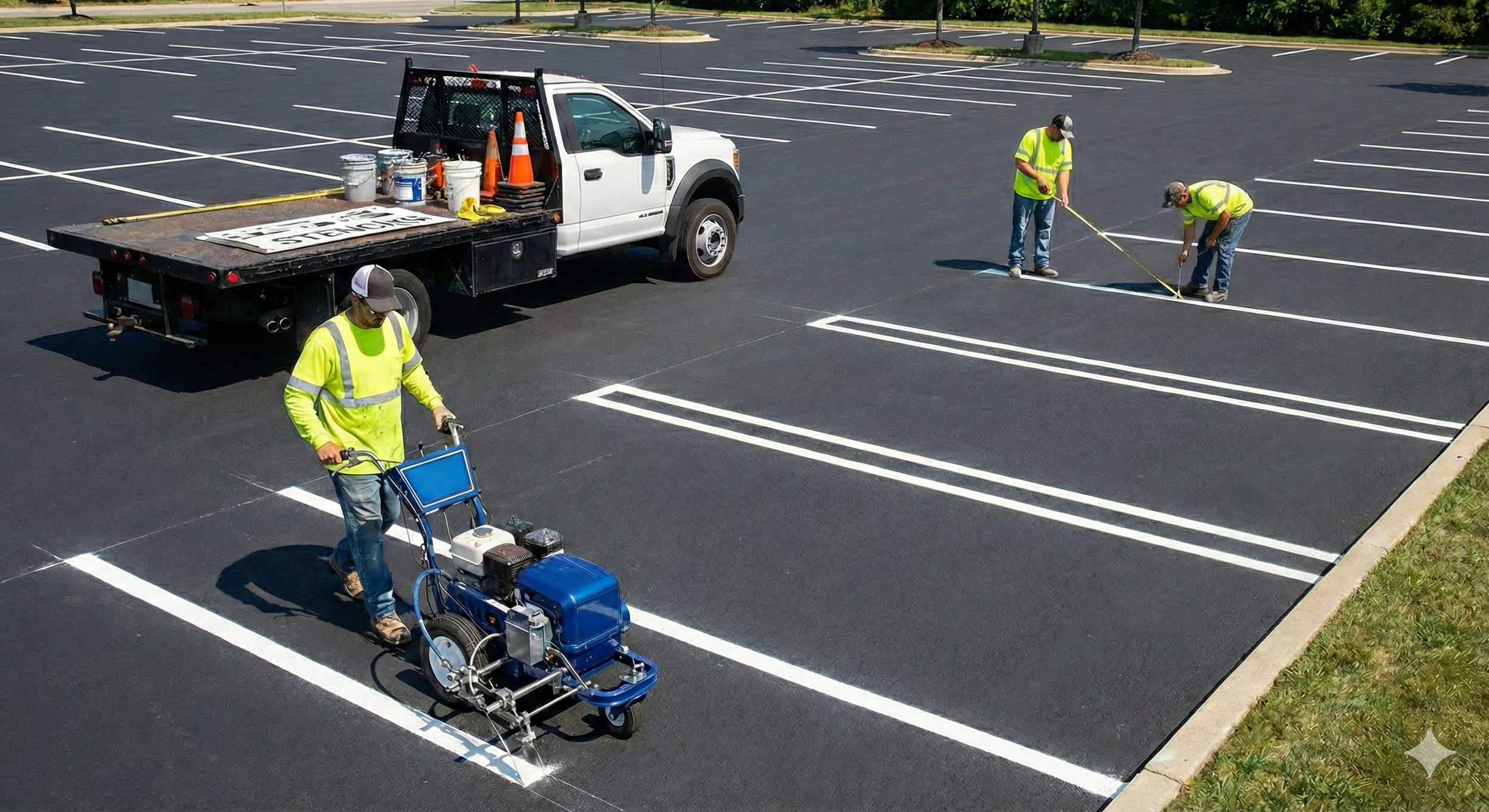 Workers painting parking lot lines using specialized equipment, with a truck nearby loaded with painting supplies.