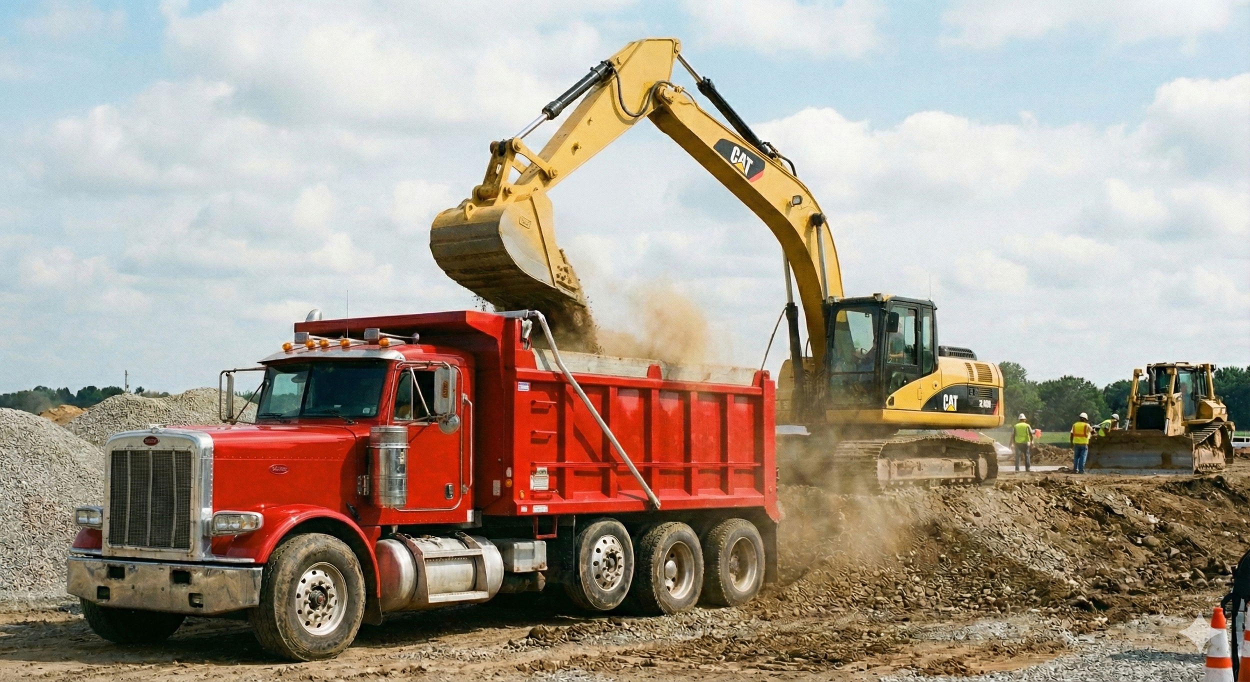 Construction site with a yellow excavator loading dirt into a red dump truck, with several workers in hard hats and safety vests in the background.