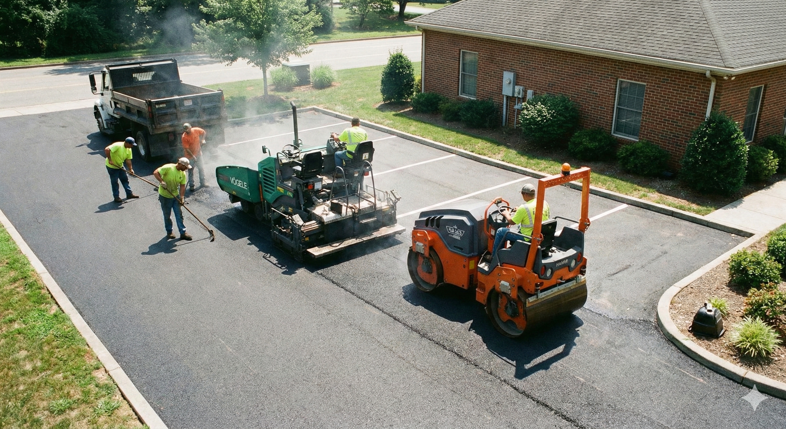 Workers in neon safety vests and helmets paving a parking lot with asphalt using heavy machinery, a roller compactor and an asphalt paver.