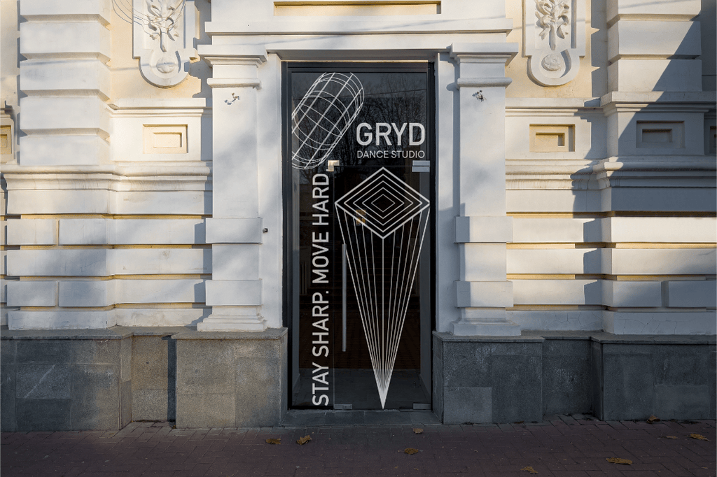 Glass front door with Gryd Dance Studio branding