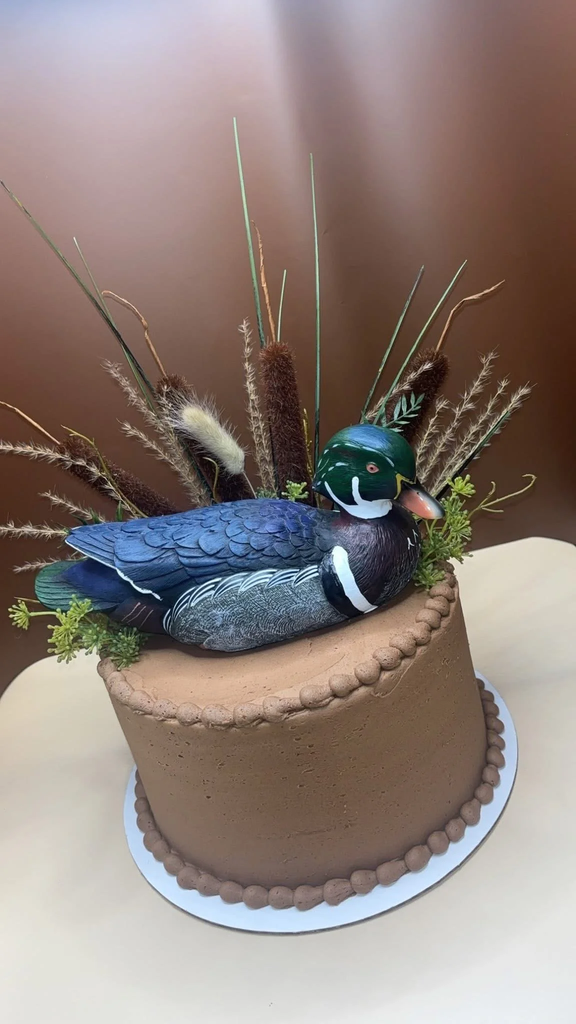 Chocolate cake decorated with a duck figurine and feathers resembling a bird's tail, topped with small green plants.