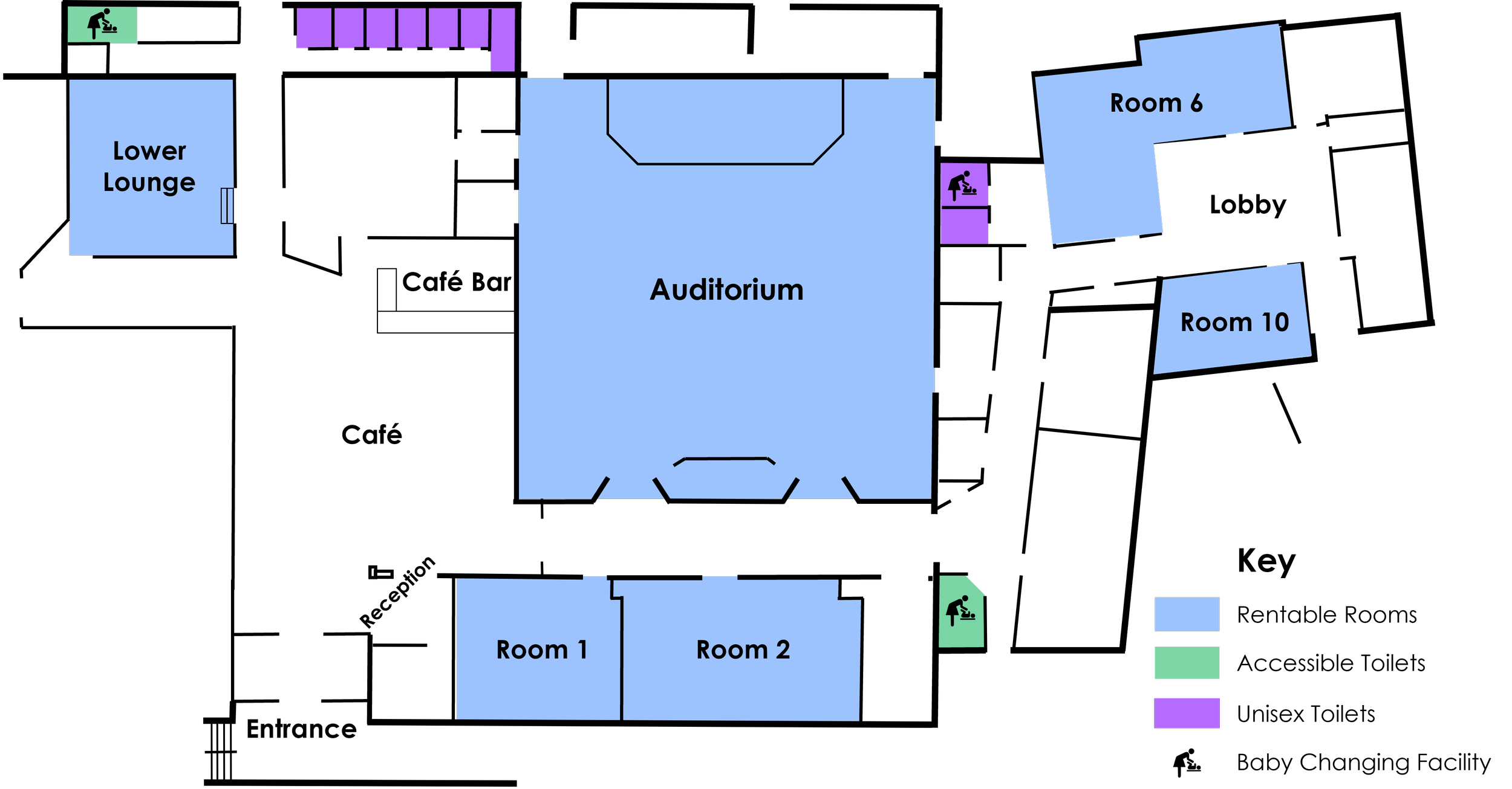 A floor plan of a building with various rooms. It includes an auditorium in the center, two rooms labeled Room 1 and Room 2 at the bottom, a Lower Lounge to the left, and two additional rooms labeled Room 6 and Room 10 to the right. There are two emergency exits marked with green icons with arrows and a person exiting, one near the Lower Lounge and another near the bottom of the auditorium. There are also stairs or corridors marked in purple at the top and middle right of the plan.
