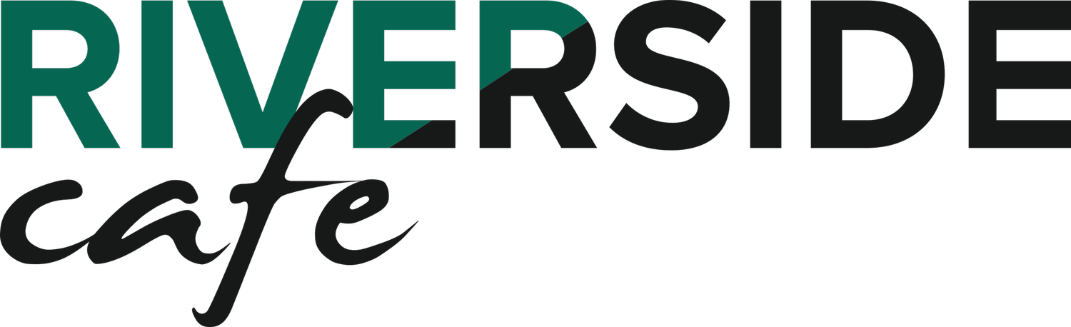 Logo for Riverside Cafe with bold green and black text.