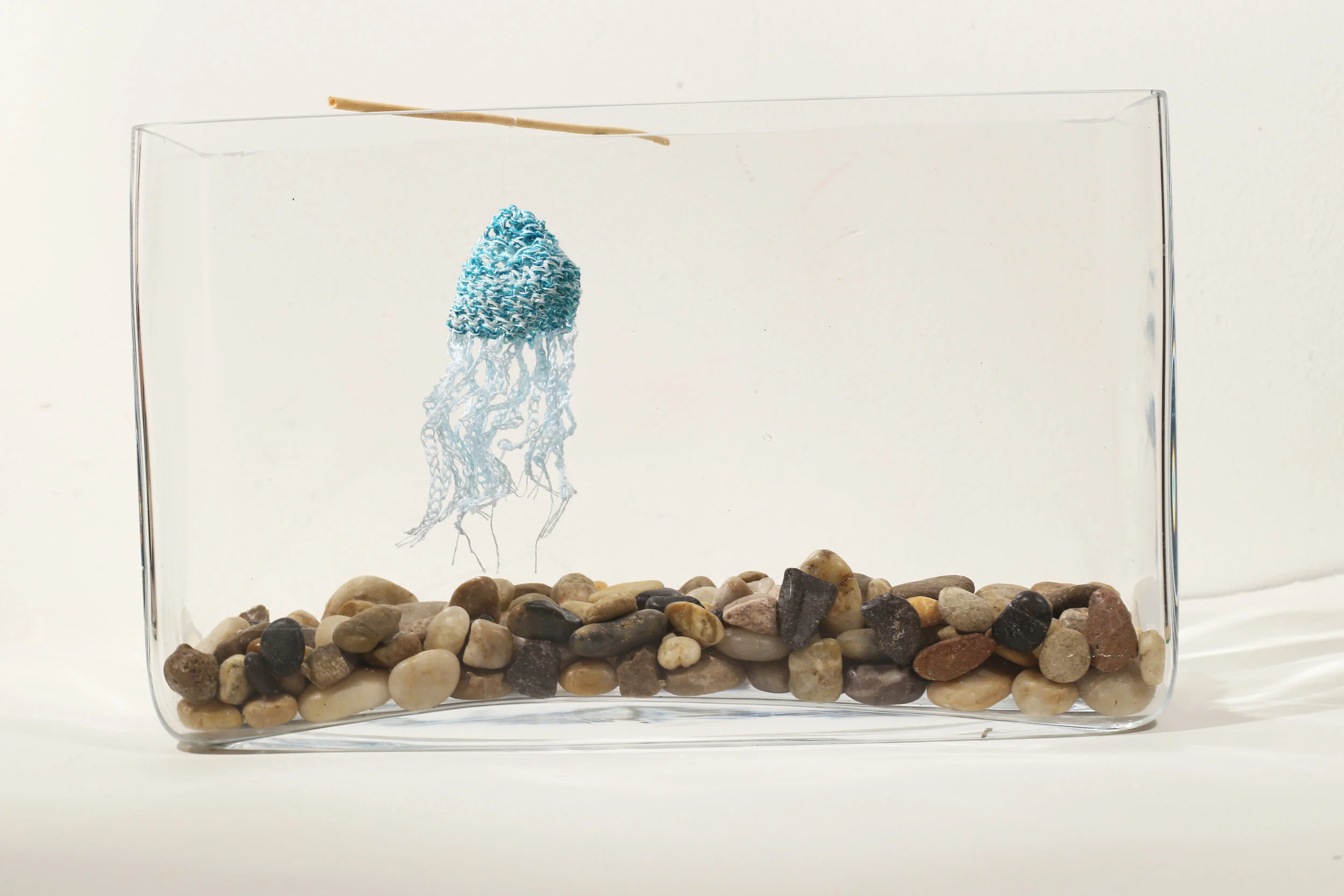 Jellyfish Watergarden, 2021, Crochet Cotton Thread, Fishing Line, Garlic Stalk, Found Glass Vessel, River Rocks