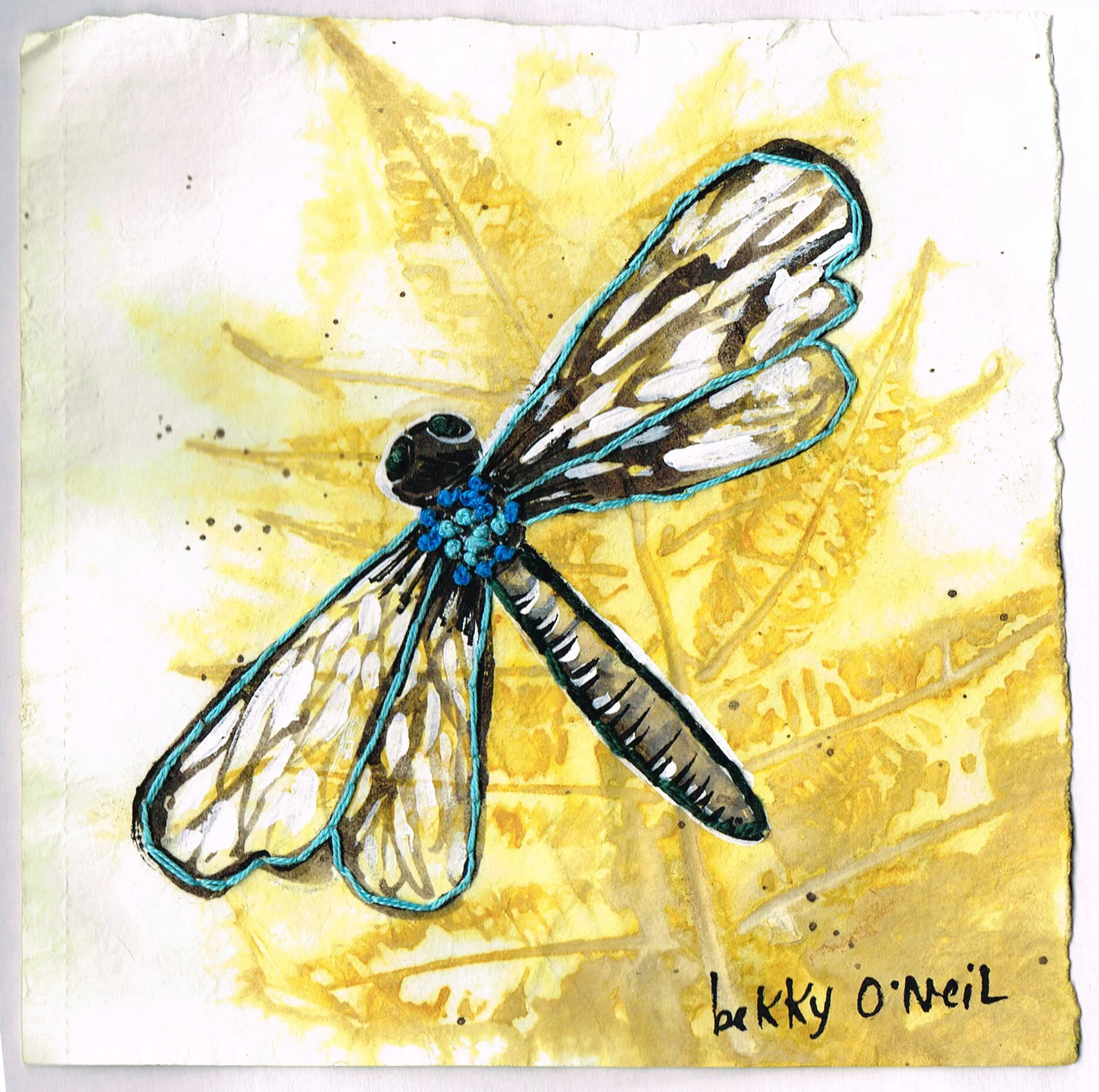 Small Creatures: Dragonfly, 2021, Eco-dyed Watercolour Paper with Sumac Leaves, Black Walnut Ink, Acrylic Gouache, Embroidered in Cotton, 6" x 6"