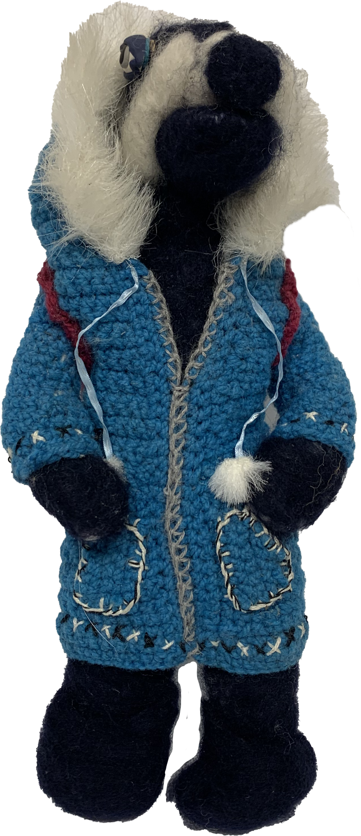 Badger in a Parka, 2016, Aluminum Armature Wire, Epoxy Putty, Needle Felted Wool, Crochet Wool, Embroidery Floss, Buttons, Fabric