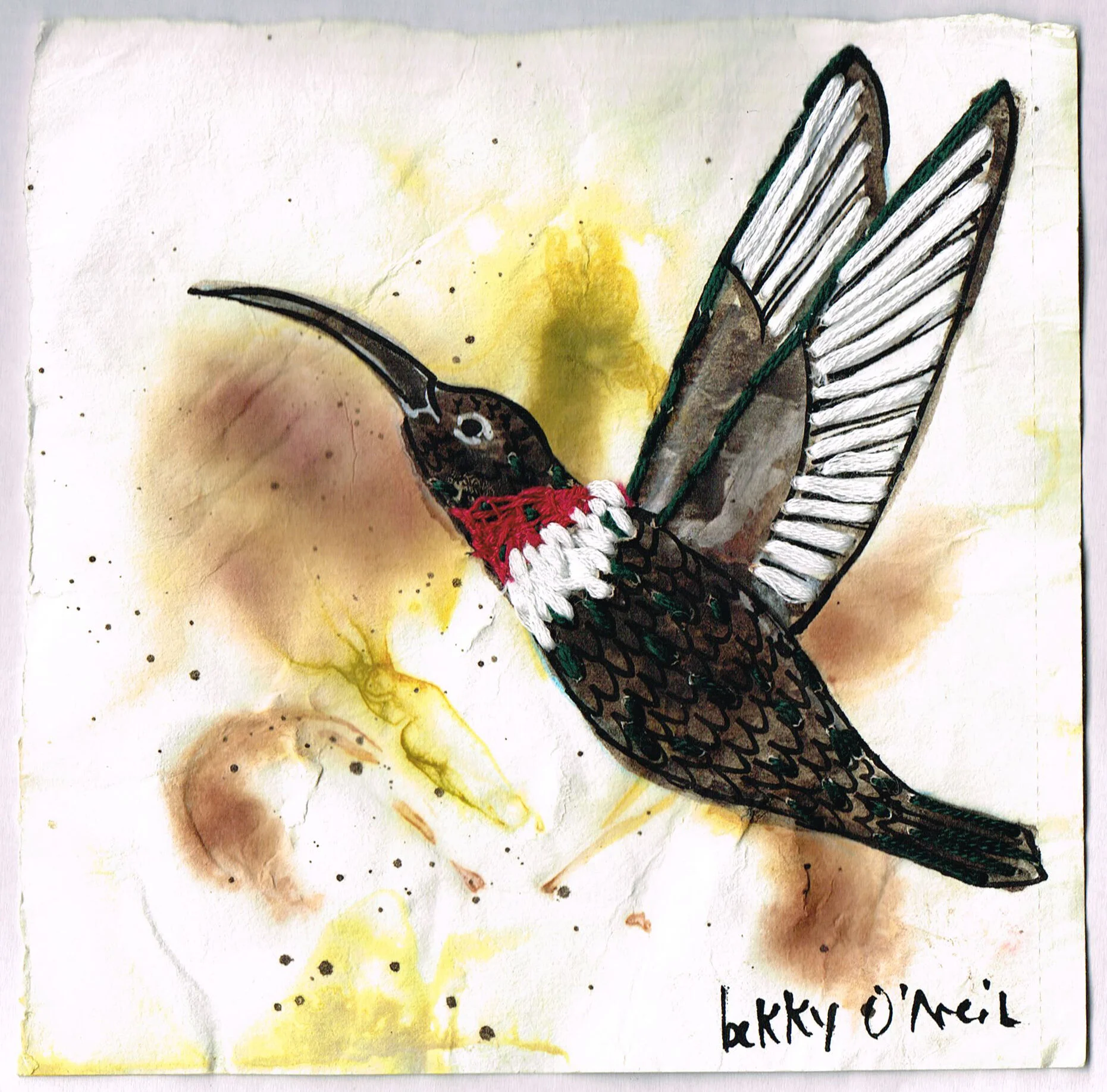 Small Creatures: Ruby Throated Hummingbird, 2021, Eco-dyed Watercolour Paper with Gladiolus Petals, Black Walnut Ink, Acrylic Gouache, Embroidered in Cotton, 6" x 6"
