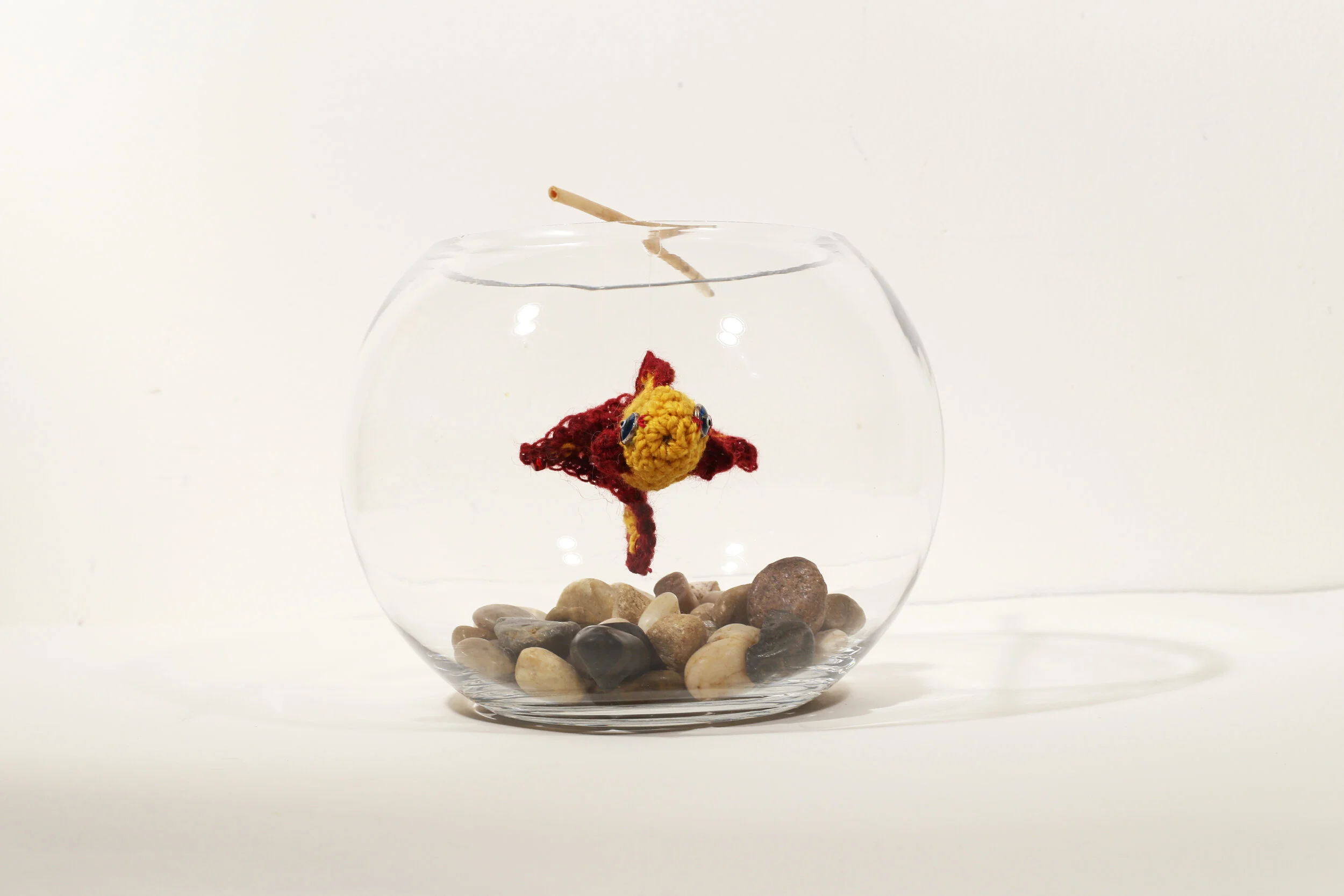Goldfish in a Bowl, 2020, Crochet Wool, Cotton Stuffing, Fishing Line, Garlic Stalk, Found Glass Vessel, River Rocks