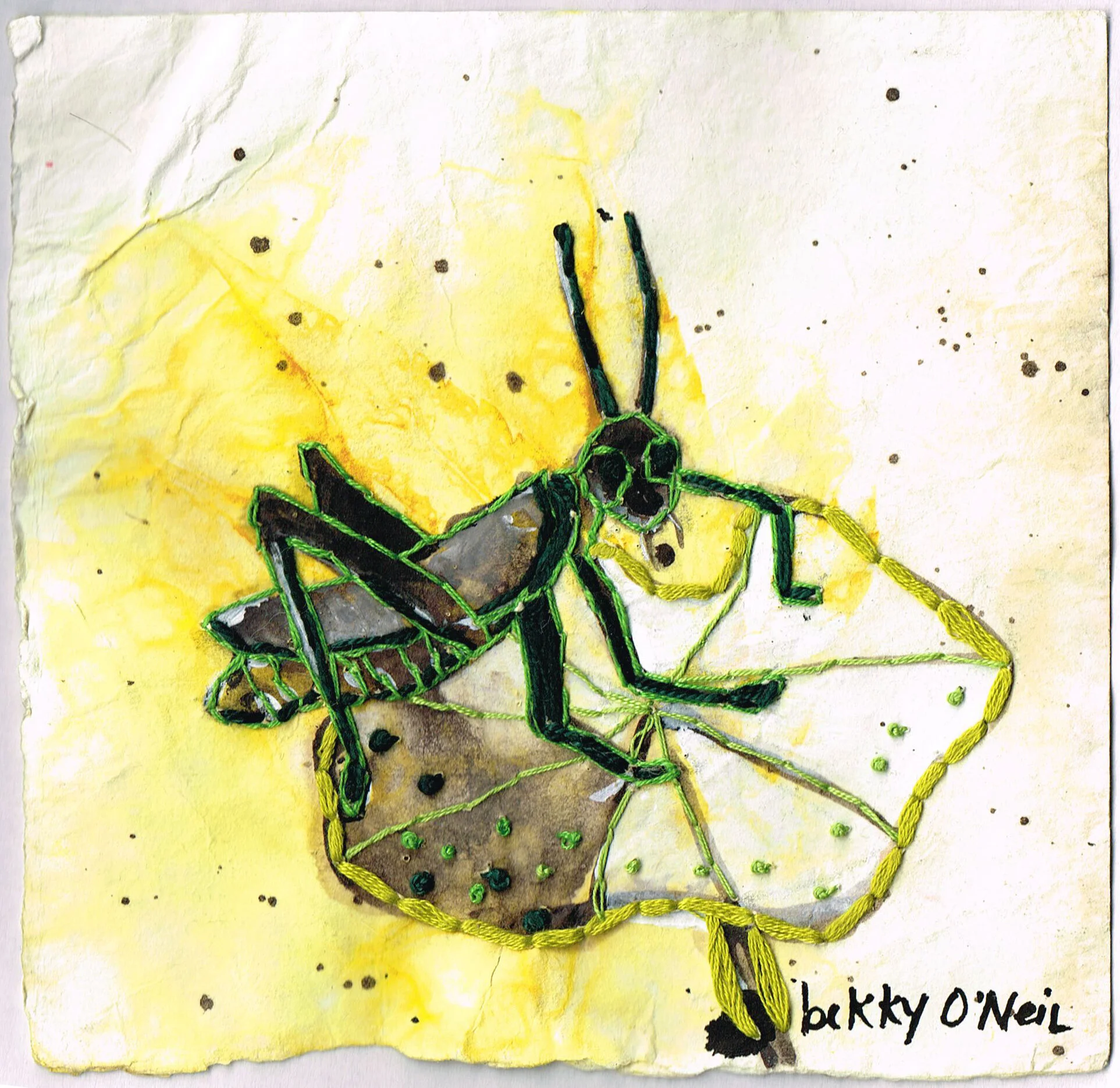 Small Creatures: Grasshopper, 2021, Eco-dyed Watercolour Paper with Cannabis Leaves, Black Walnut Ink, Acrylic Gouache, Embroidered in Cotton, 6" x 6"