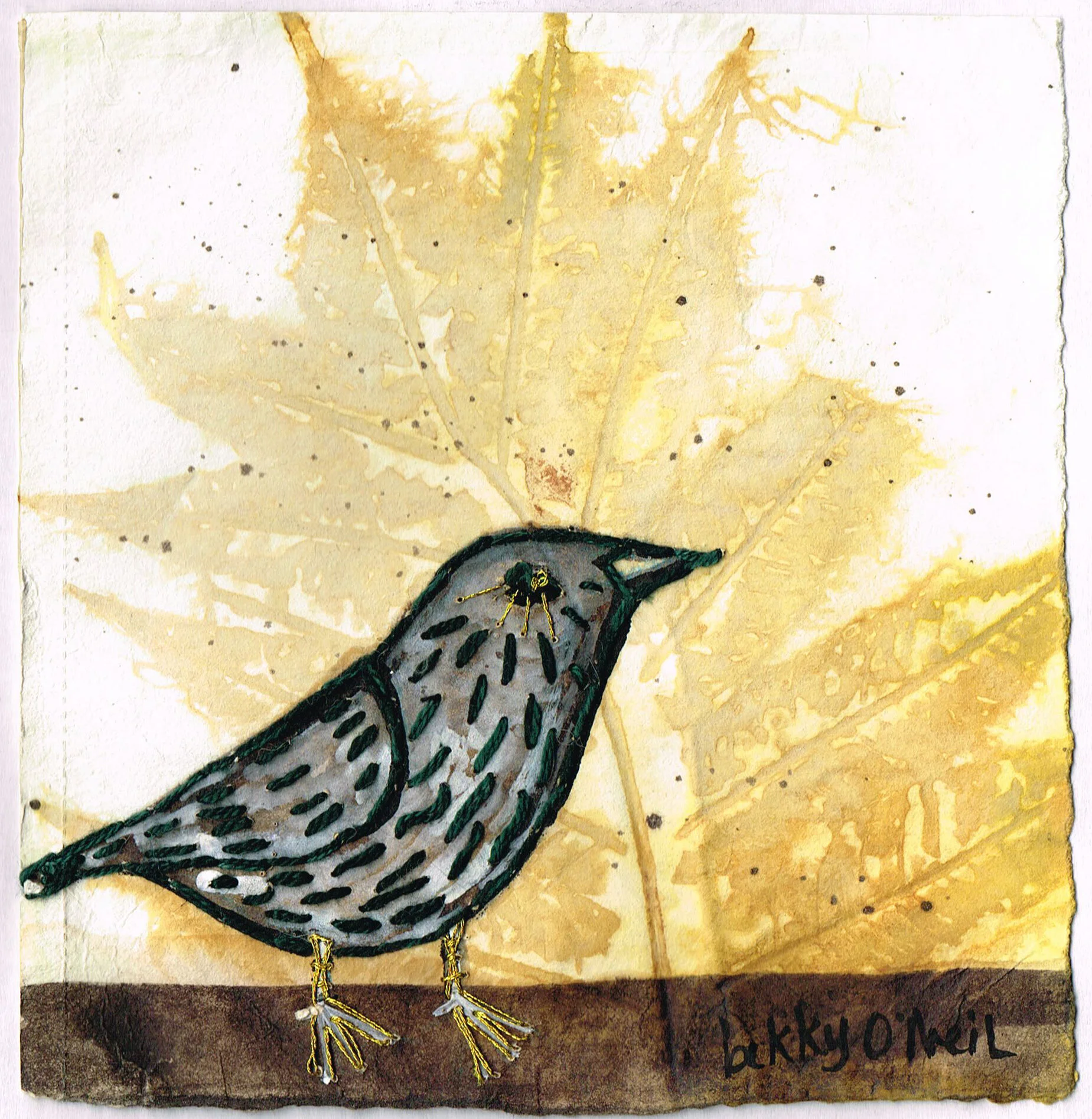 Small Creatures: Starling, 2021, Eco-dyed Watercolour Paper with Sumac Leaves, Black Walnut Ink, Acrylic Gouache, Embroidered in Cotton, 6" x 6"