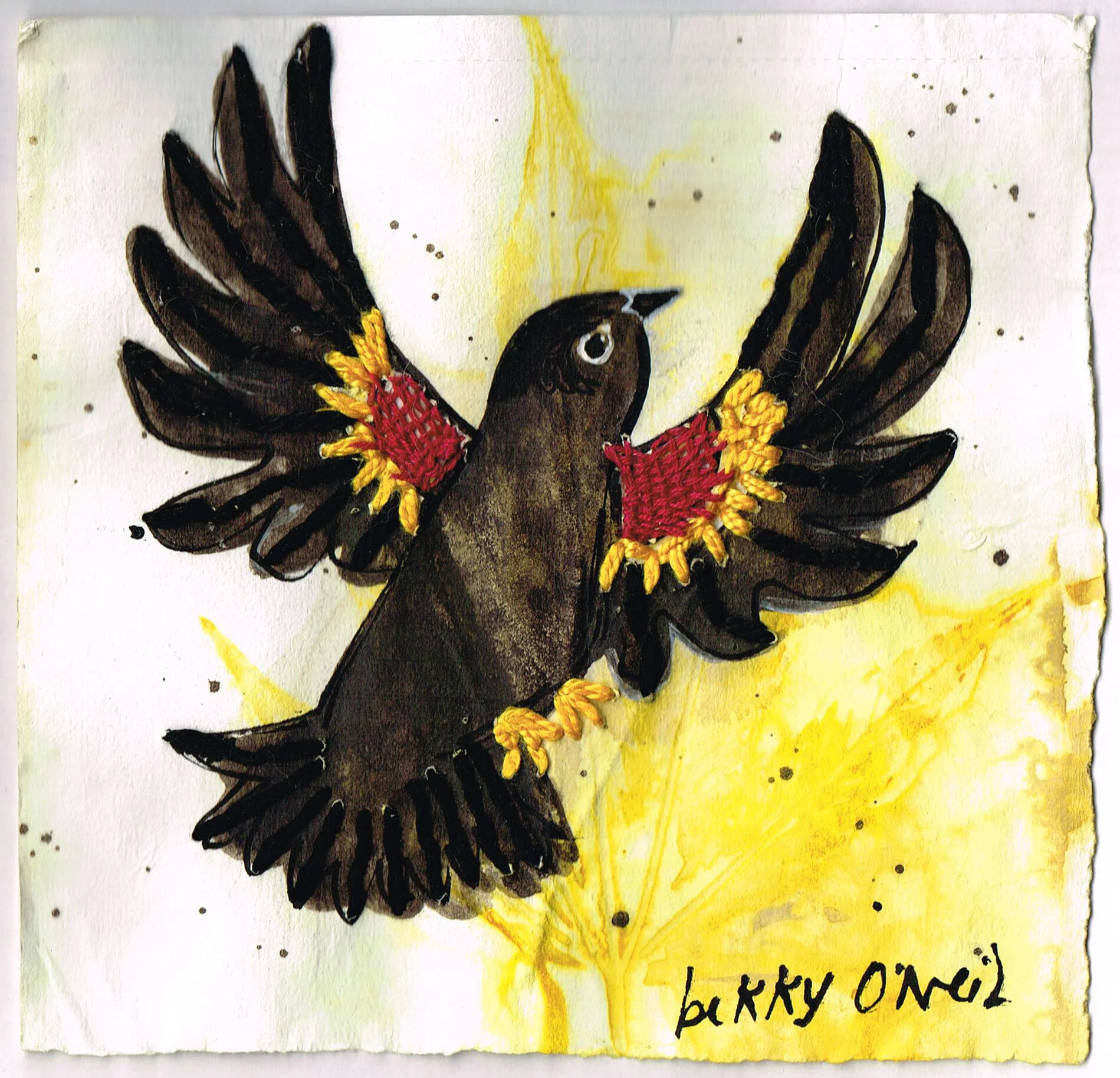 Small Creatures: Redwinged Blackbird, 2021, Eco-dyed Watercolour Paper with Cannabis Leaves, Black Walnut Ink, Acrylic Gouache, Embroidered in Cotton, 6" x 6"