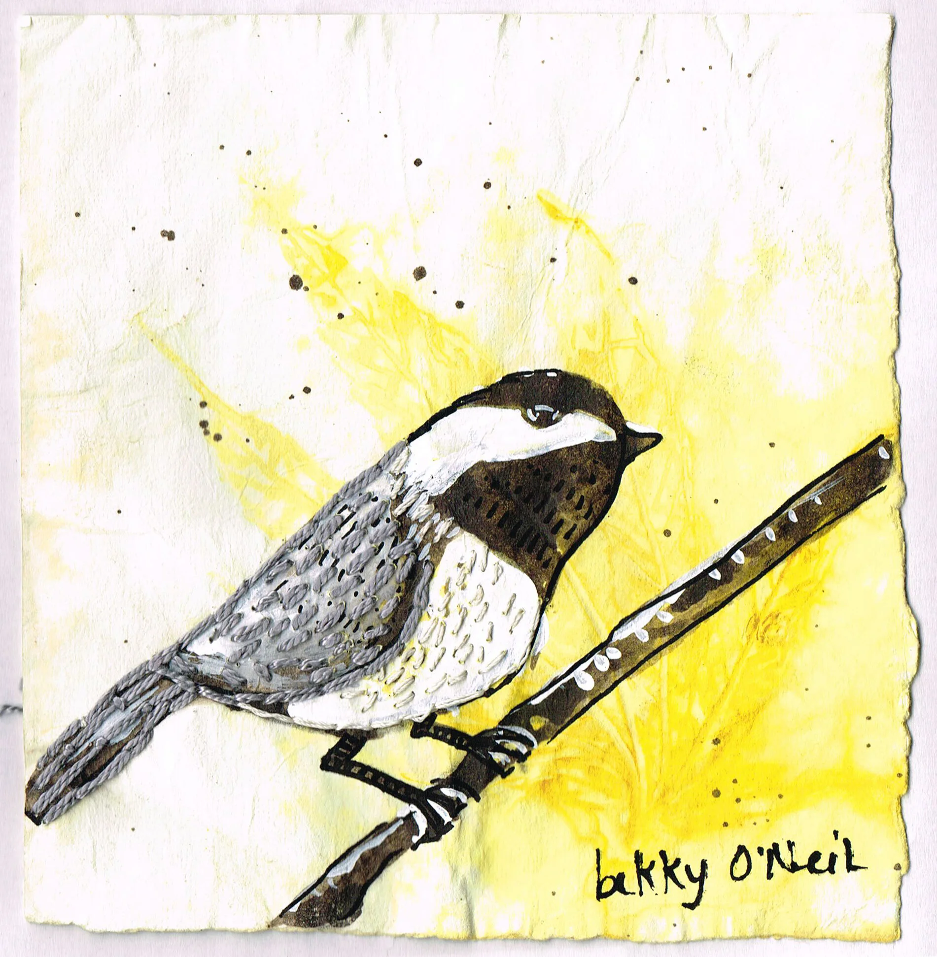 Small Creatures: Black Capped Chickadee, 2021, Eco-dyed Watercolour Paper with Cannabis Leaves, Black Walnut Ink, Acrylic Gouache, Embroidered in Cotton, 6" x 6"