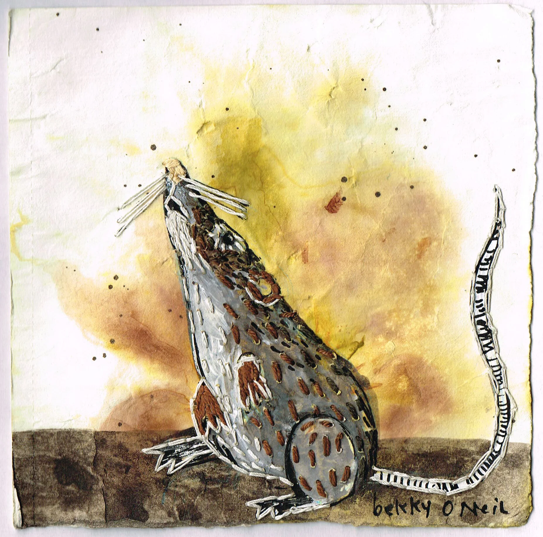 Small Creatures: Shrew, 2021, Eco-dyed Watercolour Paper with Gladiolus Petals, Black Walnut Ink, Acrylic Gouache, Embroidered in Cotton, 6" x 6"