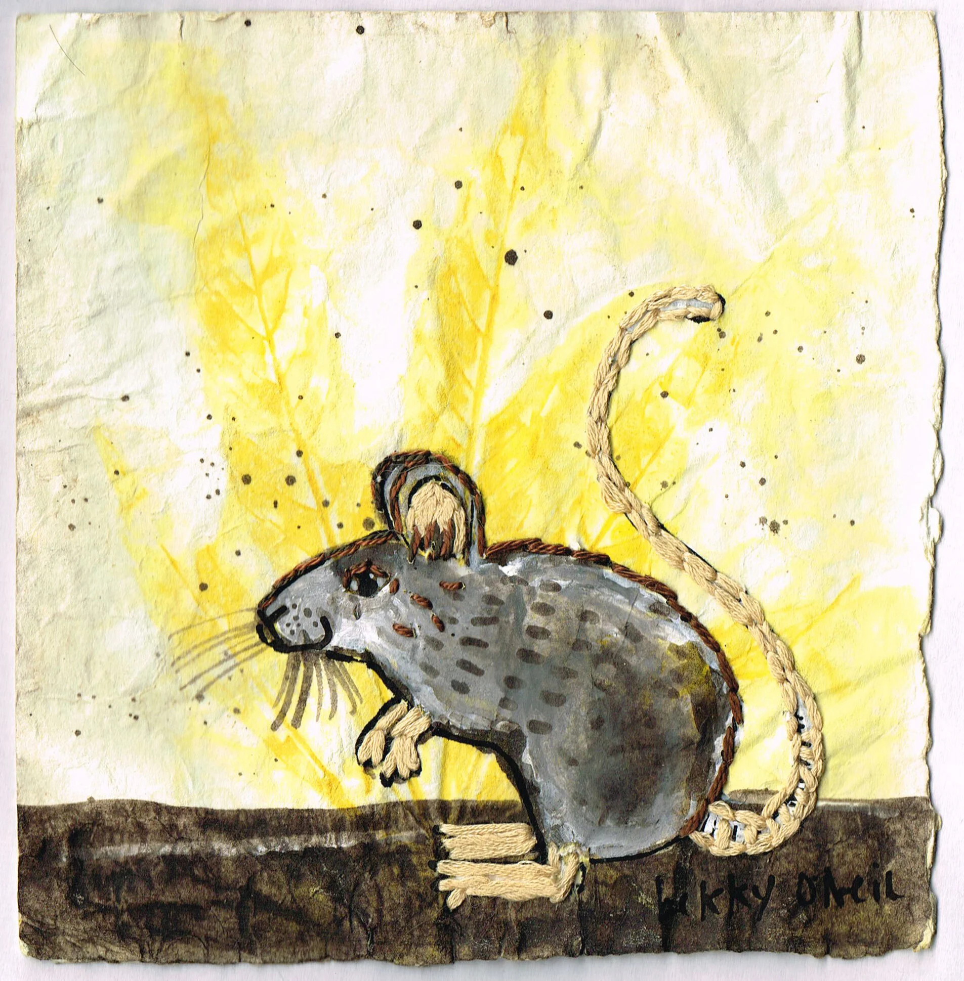 Small Creatures: Field Mouse, 2021, Eco-dyed Watercolour Paper with Cannabis Leaves, Black Walnut Ink, Acrylic Gouache, Embroidered in Cotton, 6" x 6"