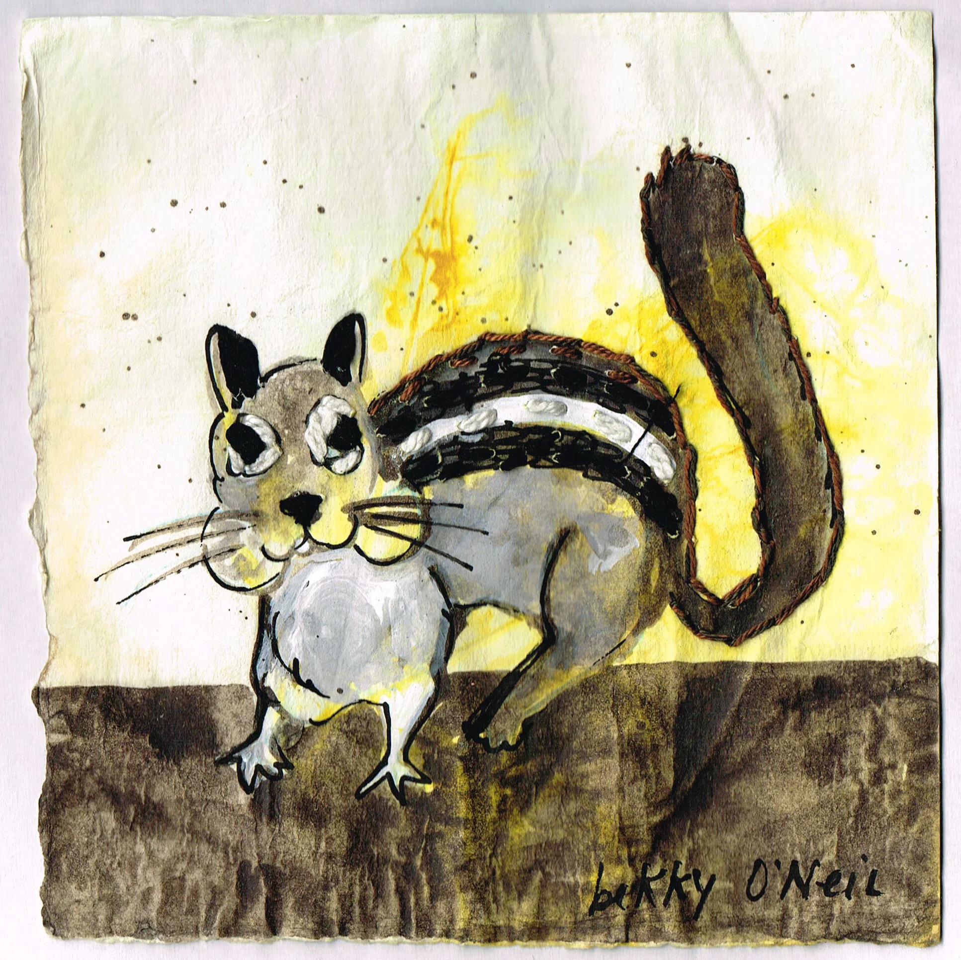 Small Creatures: Black Capped Chickadee, 2021, Eco-dyed Watercolour Paper with Cannabis Leaves, Black Walnut Ink, Acrylic Gouache, Embroidered in Cotton, 6" x 6"