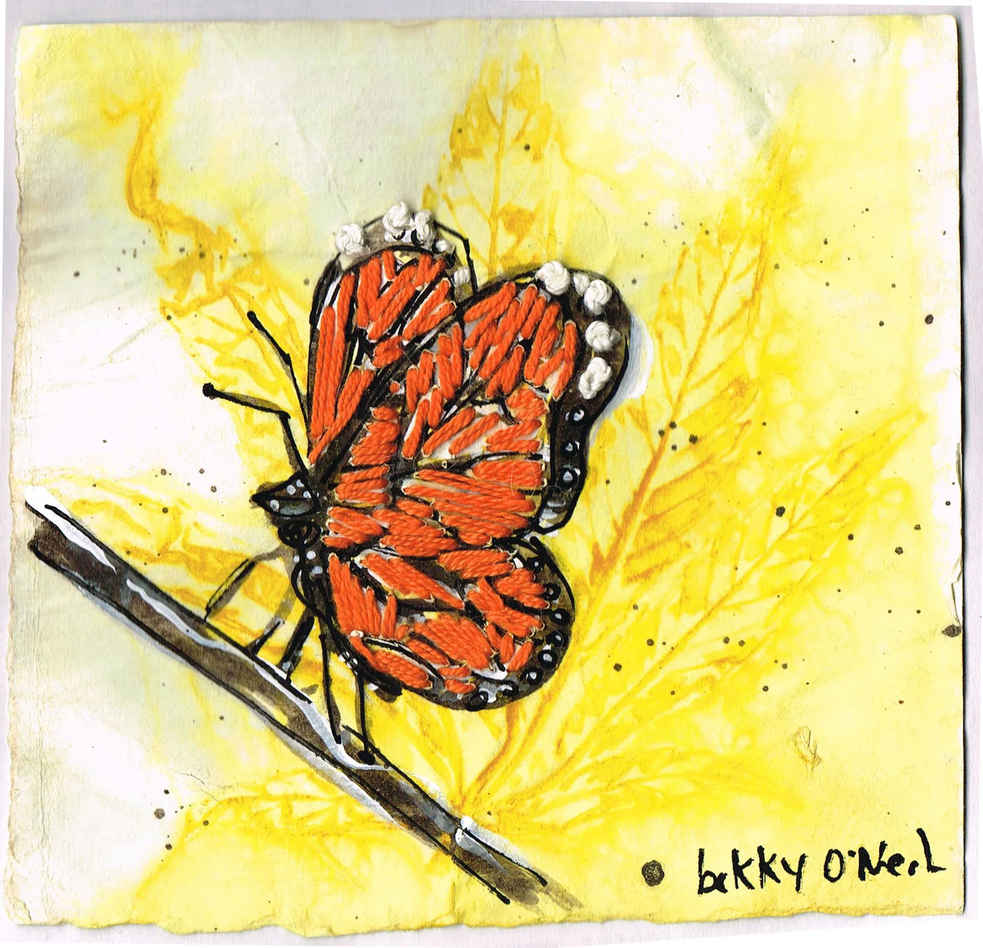 Small Creatures: Monarch Butterfly, 2021, Eco-dyed Watercolour Paper with Cannabis Leaves, Black Walnut Ink, Acrylic Gouache, Embroidered in Cotton, 6" x 6"