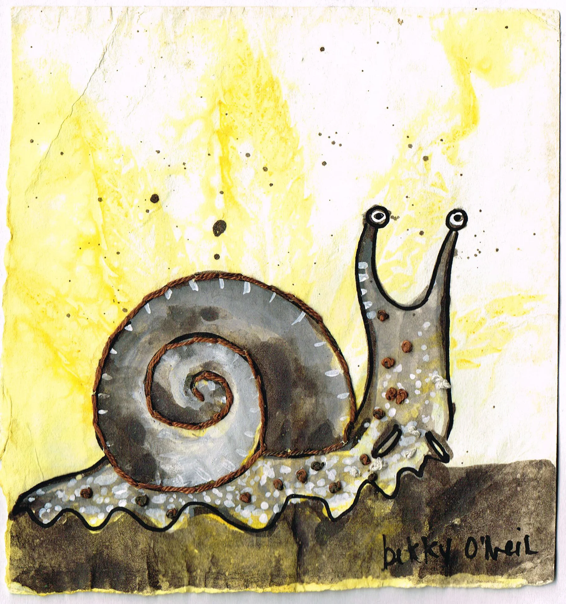 Small Creatures: Snail, 2021, Eco-dyed Watercolour Paper with Cannabis Leaves, Black Walnut Ink, Acrylic Gouache, Embroidered in Cotton, 6" x 6"