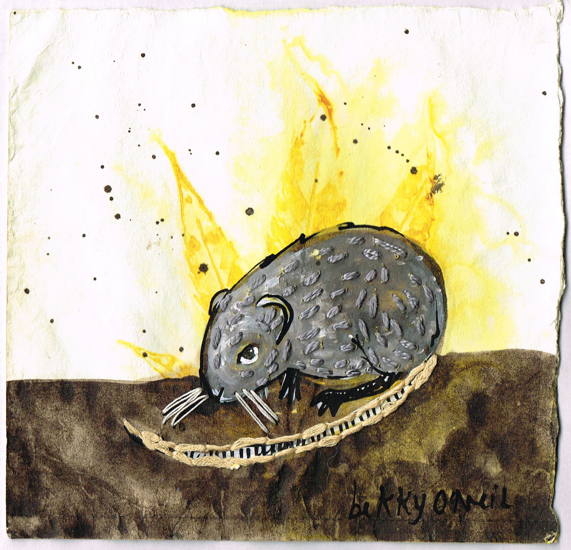 Small Creatures: Vole, 2021, Eco-dyed Watercolour Paper with Cannabis Leaves, Black Walnut Ink, Acrylic Gouache, Embroidered in Cotton, 6" x 6"