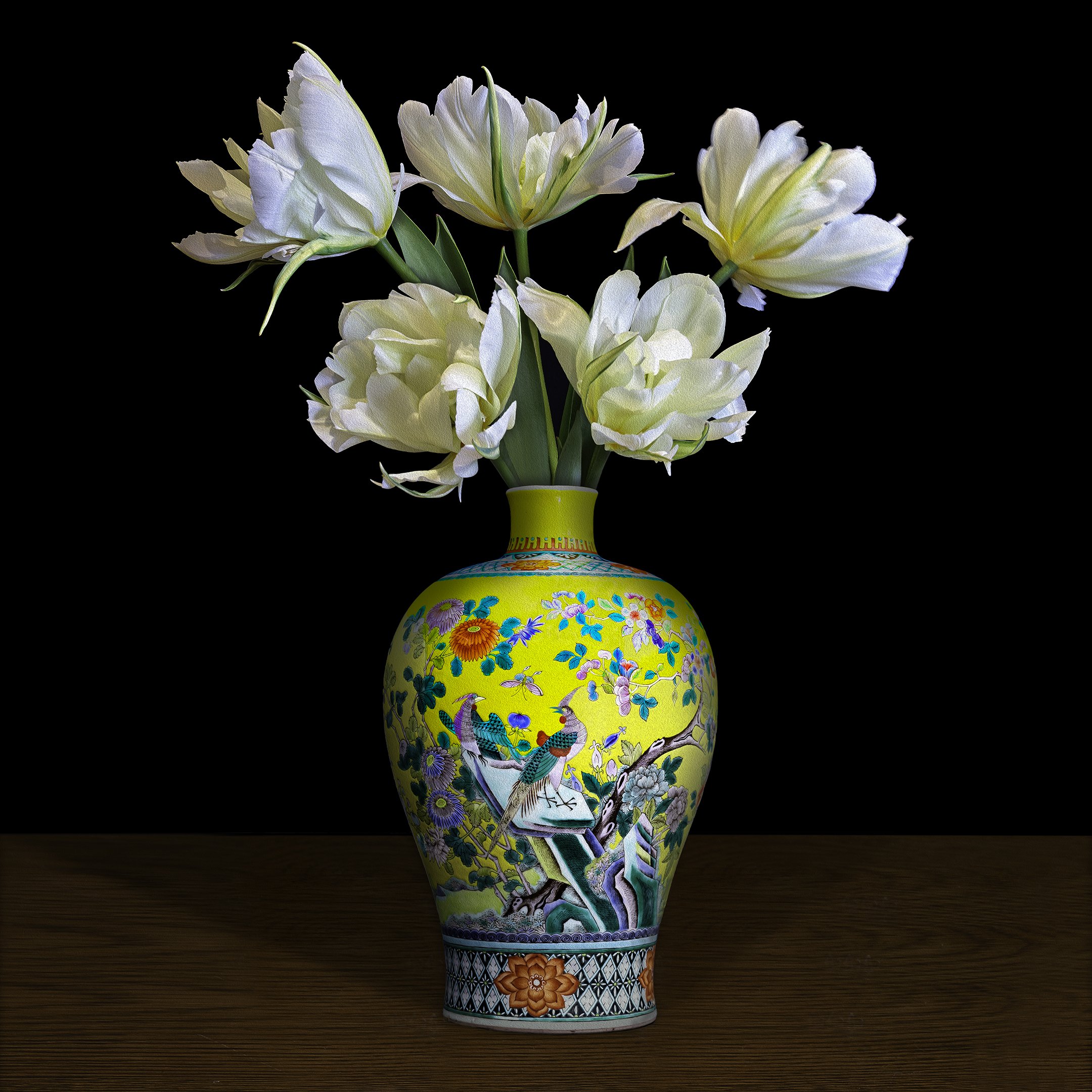 Double Tulips in a Yellow Royal Chinese Vase, 2021, Archival Pigment Print, Limited Edition