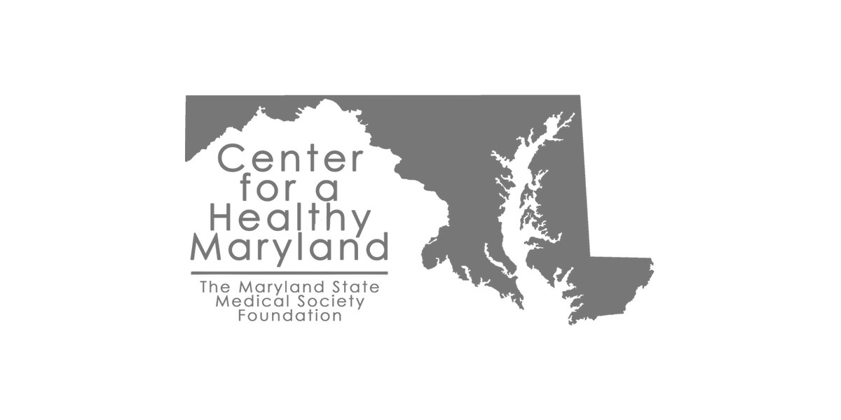 Gray logo of Maryland map with text that reads "Center for a Healthy Maryland," with smaller text underneath that says "The Maryland State Medical Society Foundation."