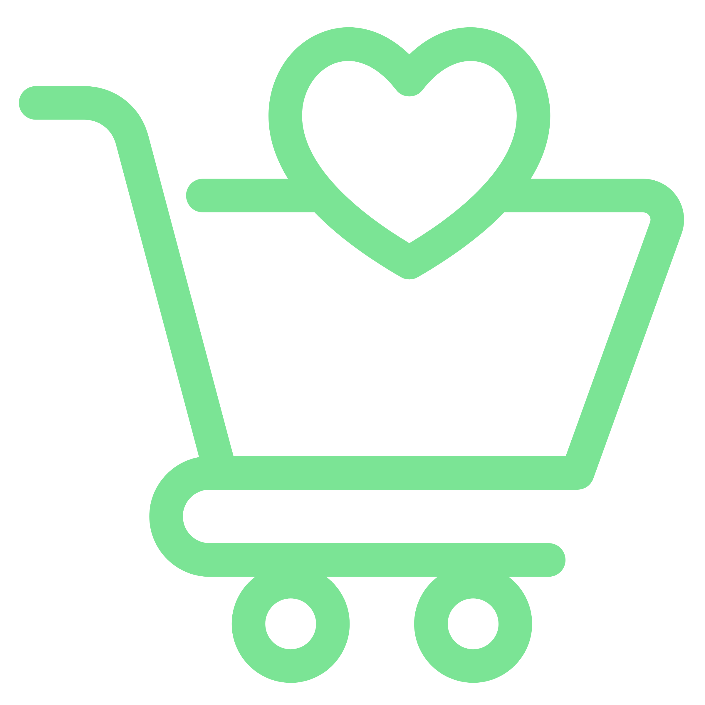 Outline of a green hand holding a heart-shaped object inside a shopping cart outline.