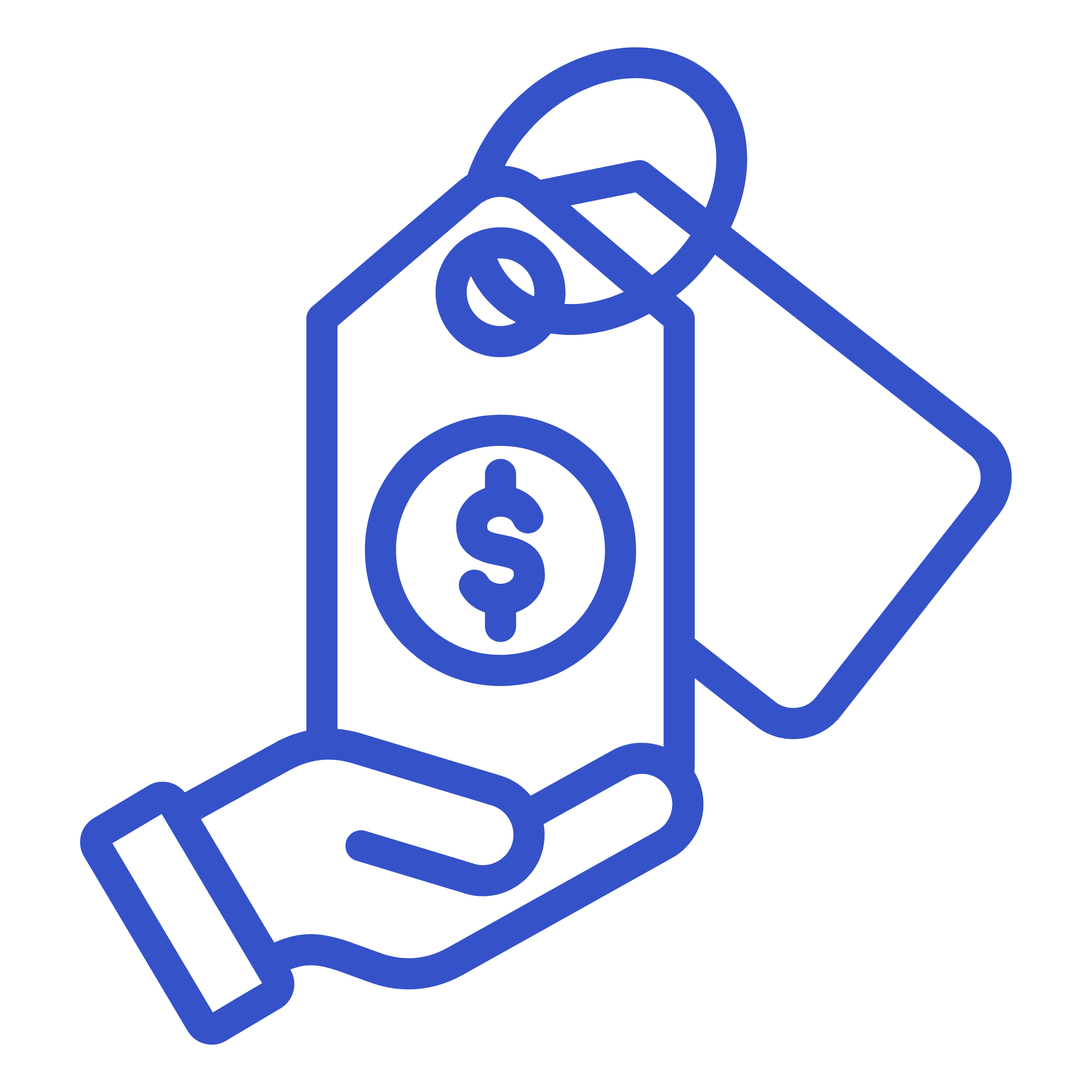 Blue outline of a gasoline pump with a dollar sign in the center, a hand holding a credit card, and a finger pressing a button.