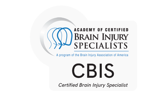 Logo for the Academy of Certified Brain Injury Specialists, with a graphic of a brain and wavy lines, and text indicating certification as a brain injury specialist.