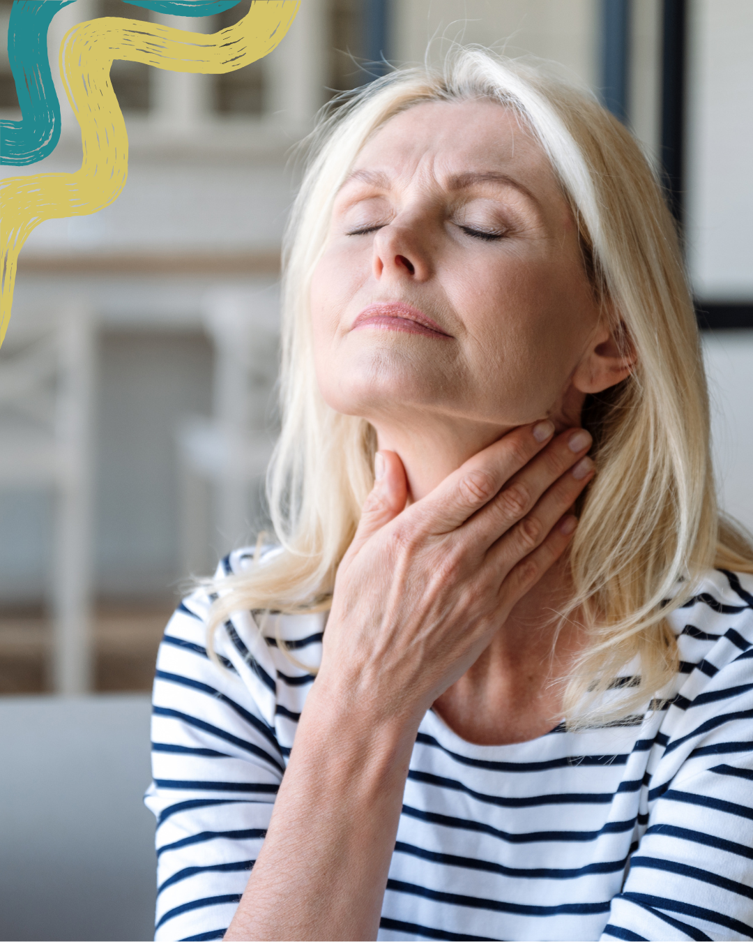 A woman with blonde hair holding her throat, appearing to experience discomfort or pain.