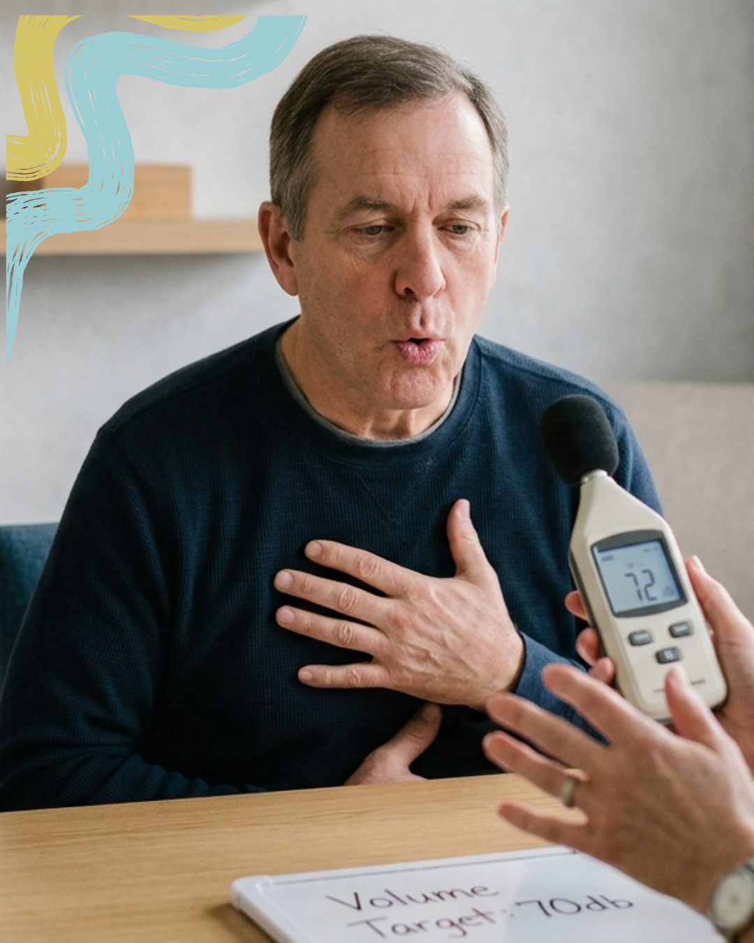 An elderly man with gray hair, sitting at a table with his hand on his chest, appearing to experience chest pain. A person is measuring his blood oxygen level with a device showing 72%. There is a whiteboard on the table with 'Volume Target: 70b' written on it.