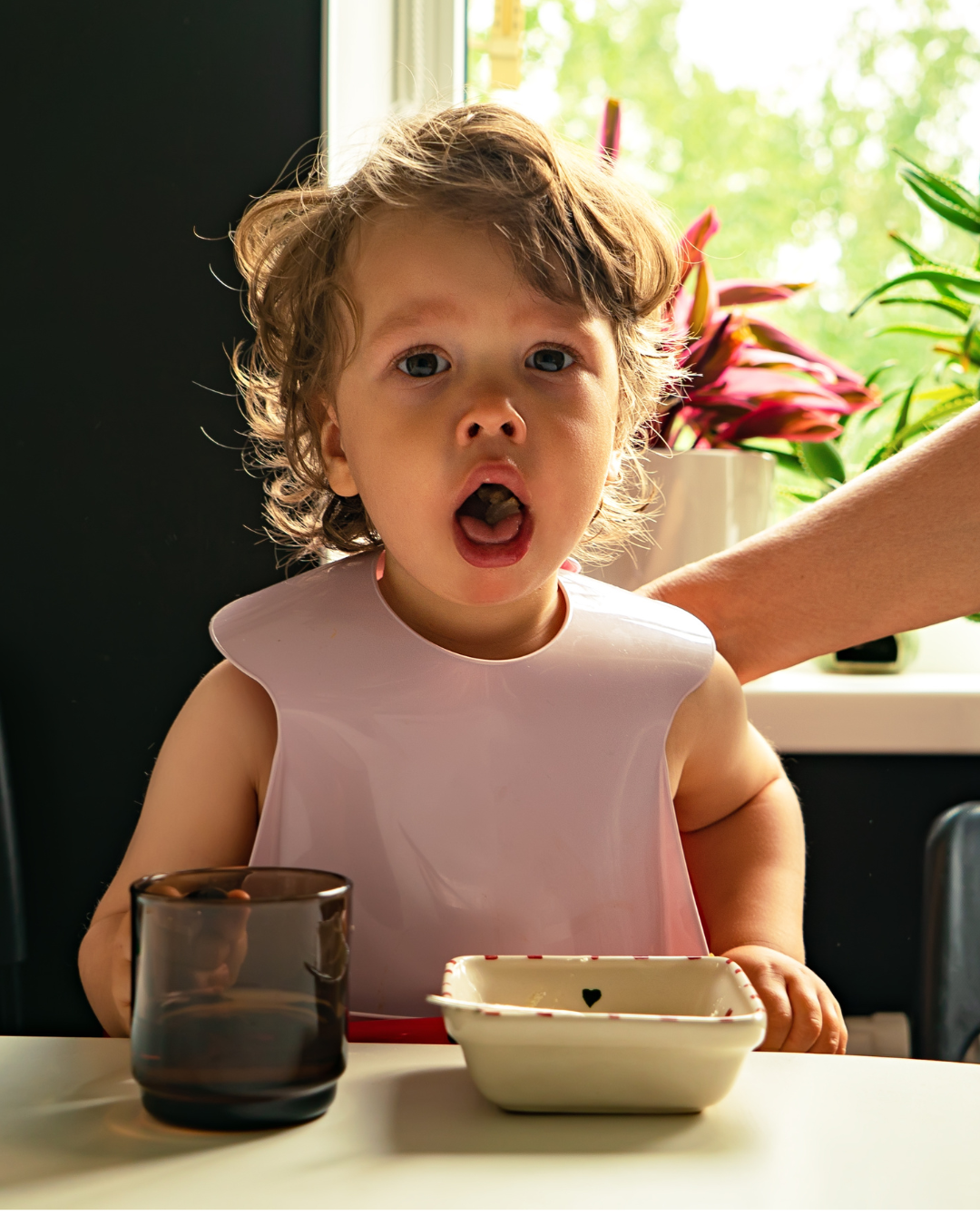 A young child with curly hair and blue eyes, sitting at a table with an empty bowl and a glass of drink, wearing a pink bib, with a surprised expression on their face, in a kitchen with sunlight and potted plants in the background.