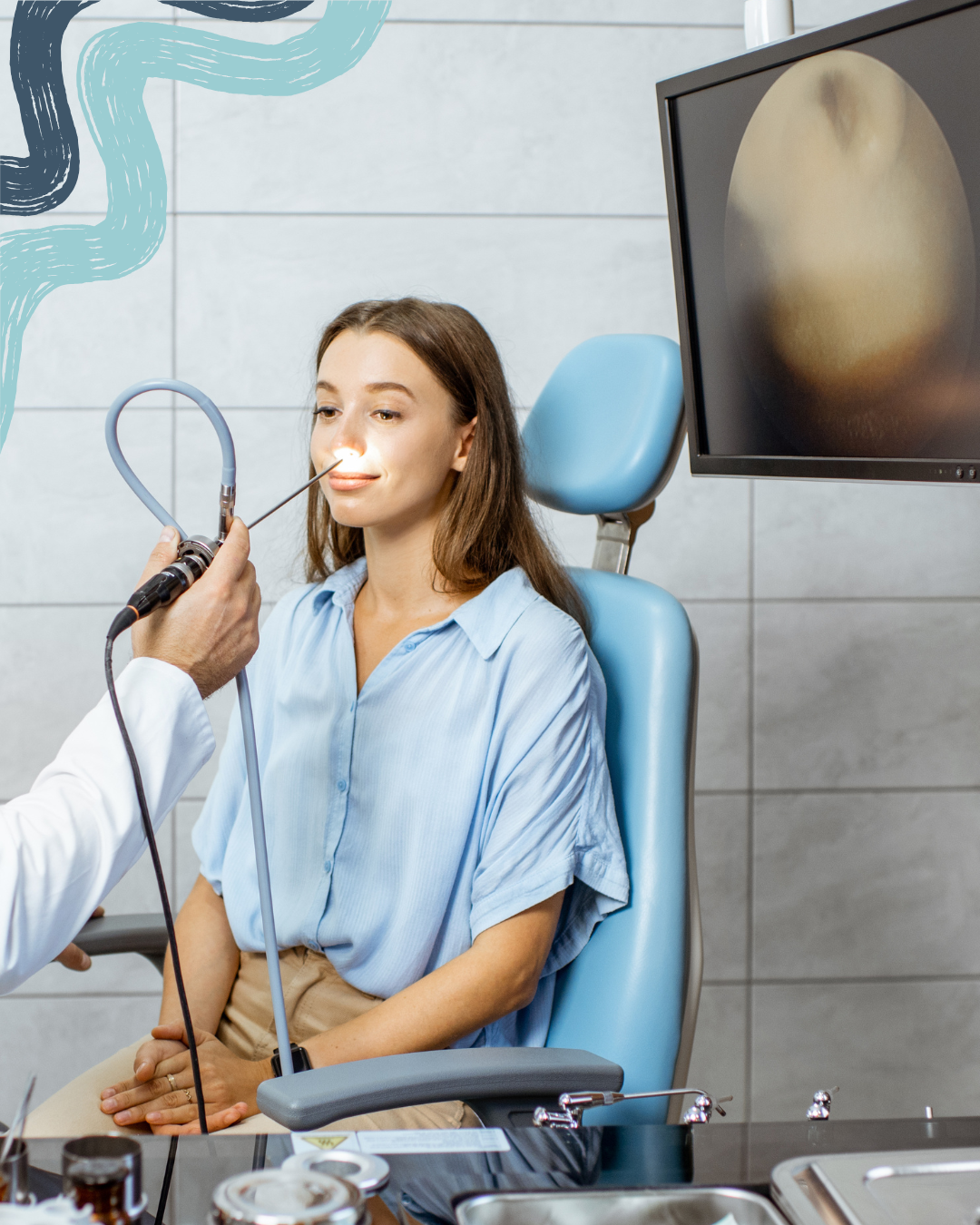 A woman sitting in a medical examination chair during an endoscopy procedure, with a healthcare professional using a flexible tube to examine her. A monitor is beside her.
