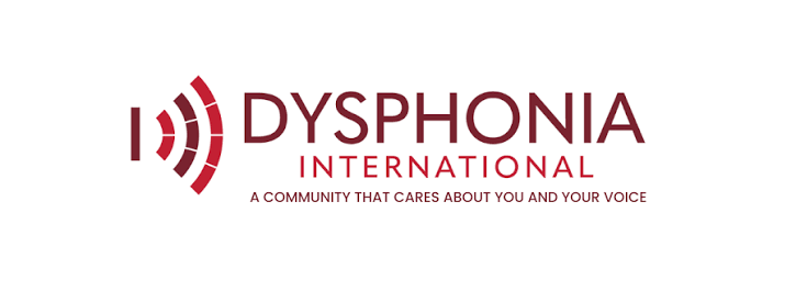 Logo of Dysphonia International with red sound wave icon and the tagline 'A community that cares about you and your voice.'