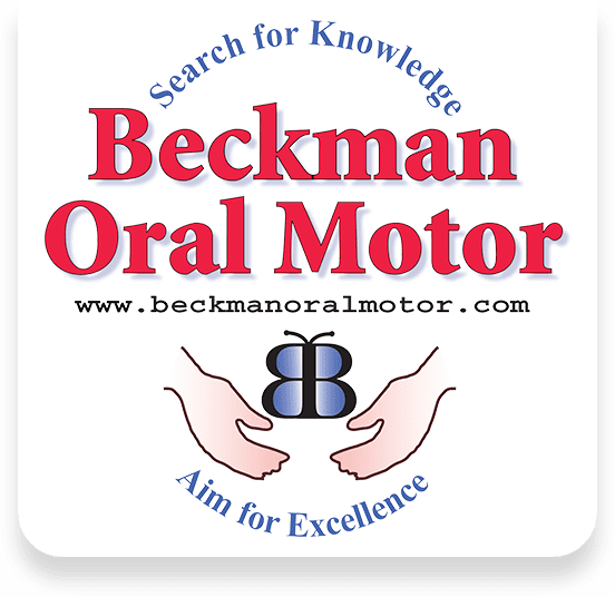 Logo for Beckman Oral Motor featuring a butterfly, two hands, and the words 'Search for Knowledge,' 'Aim for Excellence,' the website URL www.beckmanoralmotor.com, and prominent red text for 'Beckman Oral Motor.'