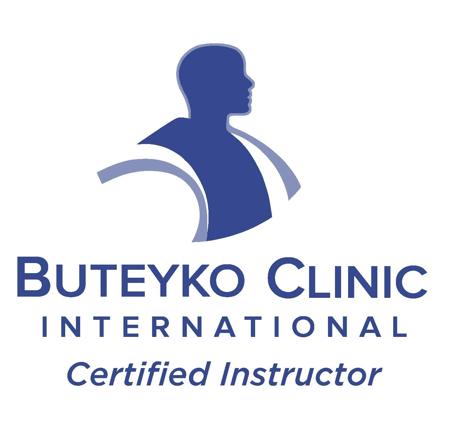Logo of Buteyko Clinic International featuring a side profile of a person's face and shoulders in blue, with text indicating certification as a Buteyko Clinic International instructor.