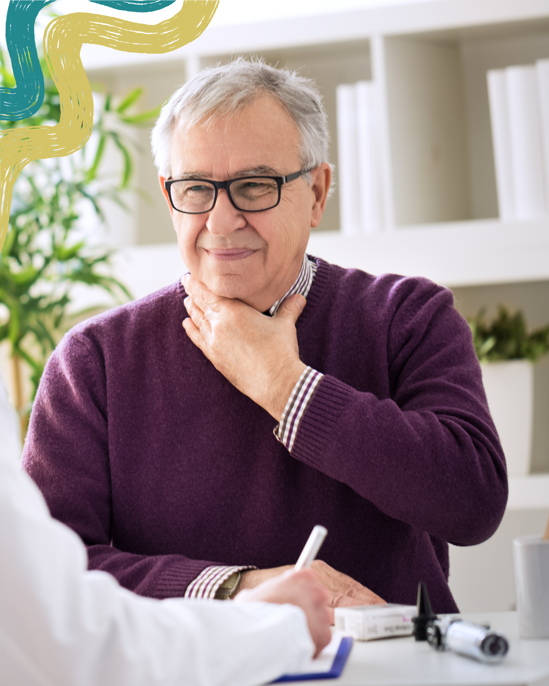 A man with gray hair and glasses wearing a purple sweater, sitting at a table during a consultation, possibly with a doctor. The man appears to be in thought, with one hand on his neck. In the foreground, a person in a white coat is taking notes, and there are medical supplies on the table. The background features white shelves with books and plants.