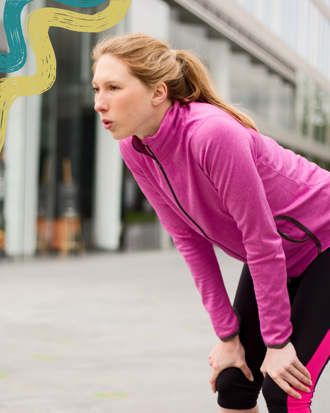 A woman in a pink athletic jacket is bent over, holding her knee, appearing tired or in pain outside near a modern building.