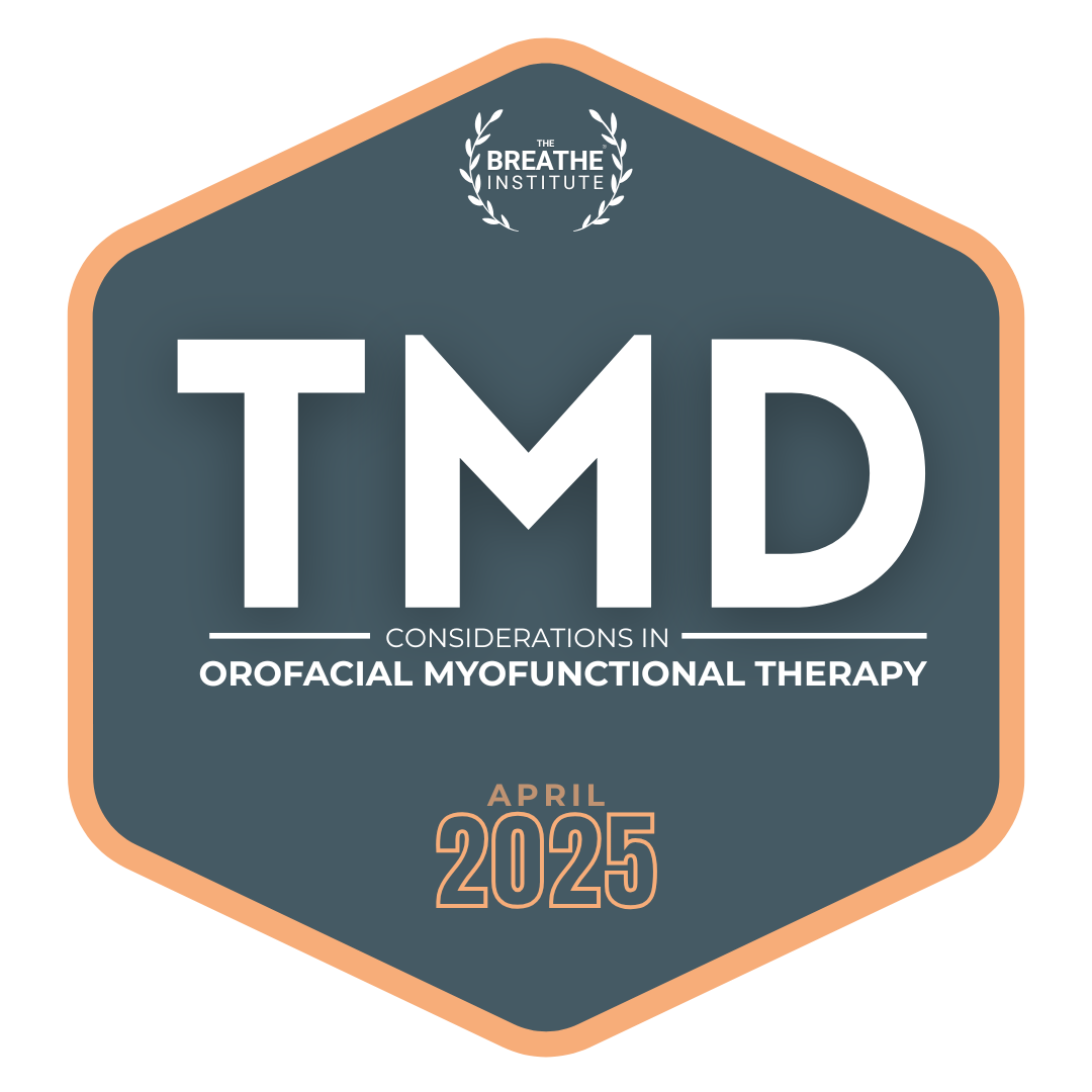 Event announcement for the Breathe Institute's considerations in orofacial myofunctional therapy, scheduled for April 2025, featuring a blue and peach color scheme.