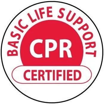 A circular badge with a red center and white border. The text reads 'Basic Life Support CPR Certified'.