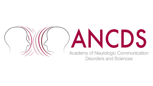 Logo for the Academy of Neurogenic Communication Disorders and Sciences (ANCDS) featuring stylized ears and brain waves in pink and black.