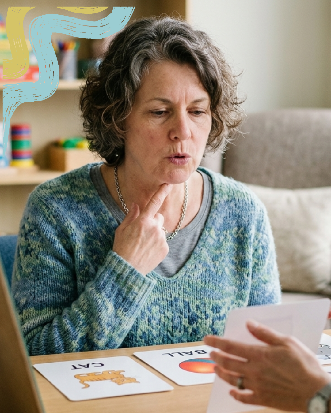 A middle-aged woman with curly gray hair, wearing a multicolored sweater and silver necklace, is looking at flashcards with illustrations and words such as "CAT" and "BALL". She is sitting at a table in a room with a shelf of colorful objects in the background.