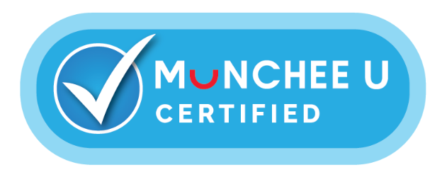 A blue badge with a checkmark inside a circle on the left, and the text 'MUNCHEE U CERTIFIED' on the right, indicating certification or approval.