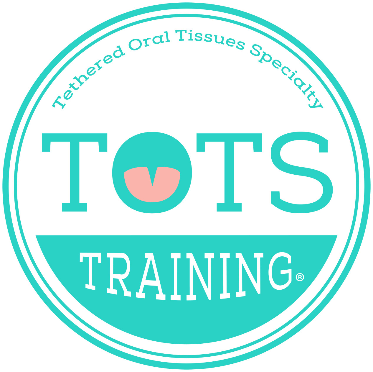 Certification badge for Tethered Oral Tissues Speciality TOTS Training, featuring a circular design with teal and pink accents, and text indicating specialization in oral tissue tethering issues.