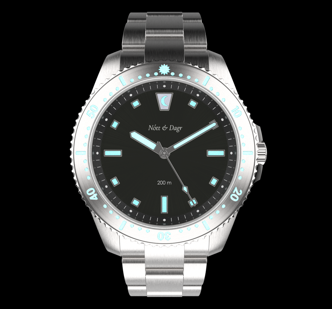 A luxury wristwatch with a black dial, silver bezel, and a metal strap. The watch face shows the time and includes luminous markers, a date window at 12 o'clock, and the text "Nótt & Dagr" and "200 m".